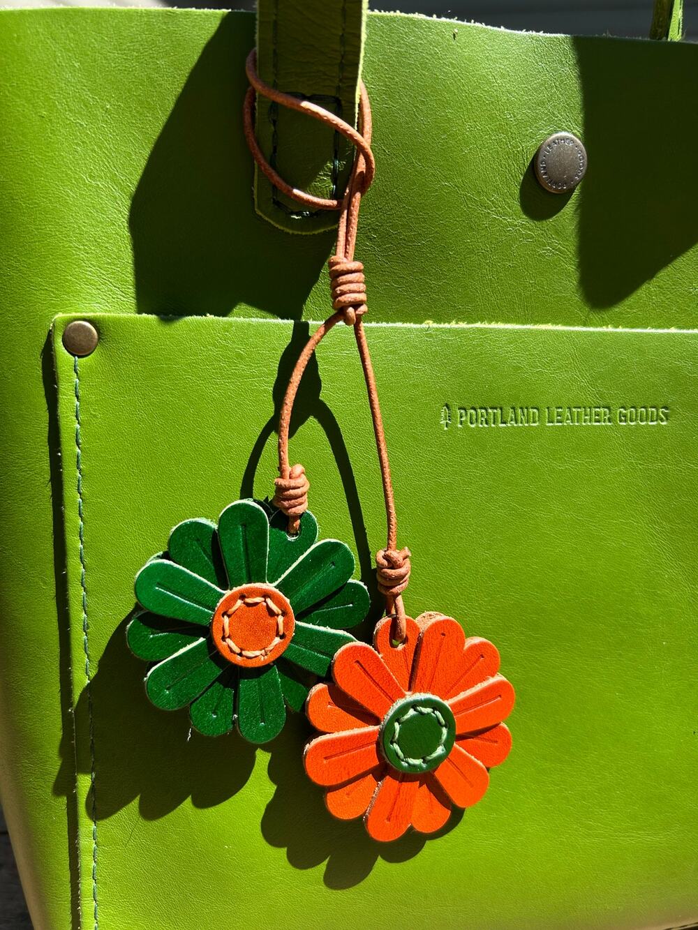 Genuine Leather Green Orange Daisy Bag Charm Flowers Purse Charm